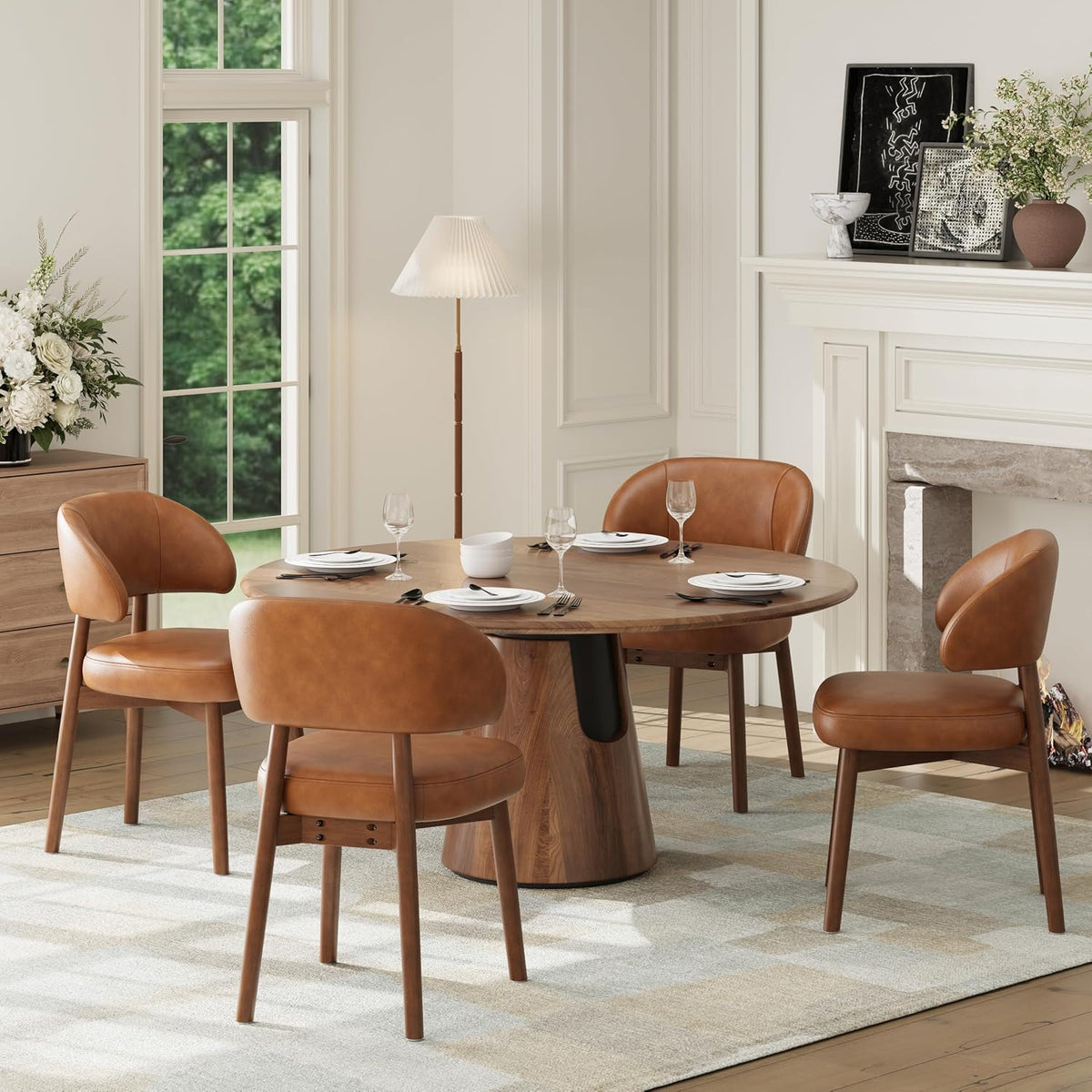 MALOL Wooden Dining Chairs Set of 2, Modern Upholstered Dining Room Chair, PU Leather Kitchen Side Chairs with Curved Open Back for Living Room/Restaurant/Cafe, Brown