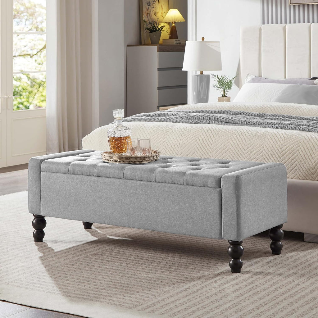 50" W Storage Ottoman Bench with Safety Hinge, Load up to 660 lb Ottoman with Storage, Upholstered Tufted Entryway Bench with Seating for Living Room, Bedroom, Light Gray