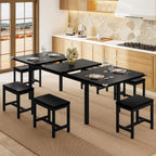 Einhomn 7-Piece Dining Table Set, 63" Extendable Kitchen Room Table with 6 Stools, Mid Century Modern Dinner Table with Metal Frame & MDF Board, Space-Saving, Easy Assembly, Black