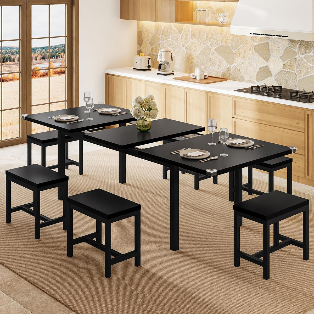 Einhomn 7-Piece Dining Table Set, 63" Extendable Kitchen Room Table with 6 Stools, Mid Century Modern Dinner Table with Metal Frame & MDF Board, Space-Saving, Easy Assembly, Black