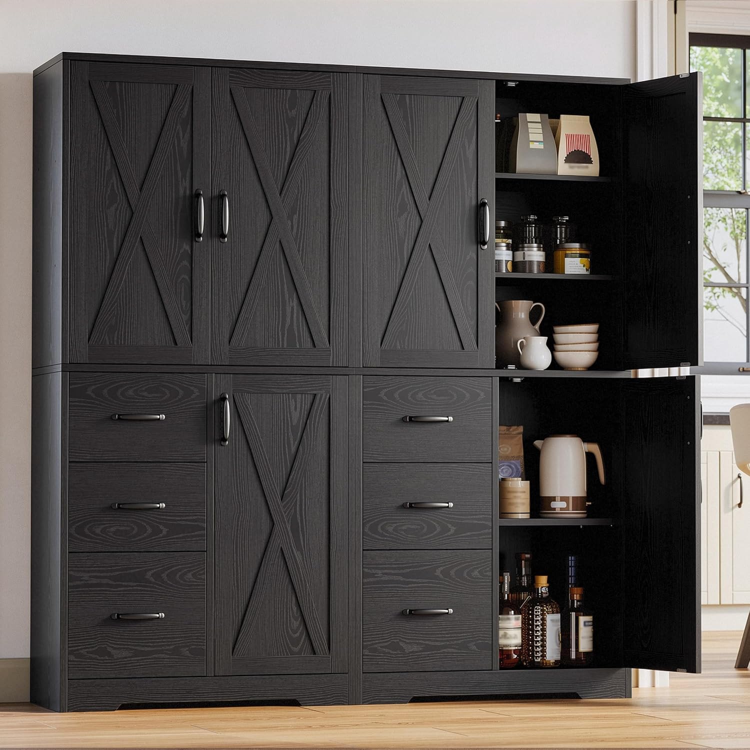 IRONCK Pantry Cabinet, Kitchen Storage Cabinet with 3 Door & Drawer, Black | Adjustable Shelf. 67.5inch Tall. 5 Tier Freestanding. 150 lbs Per Shelf. Modern Style. FSC-certified Wood. Anti-tip.