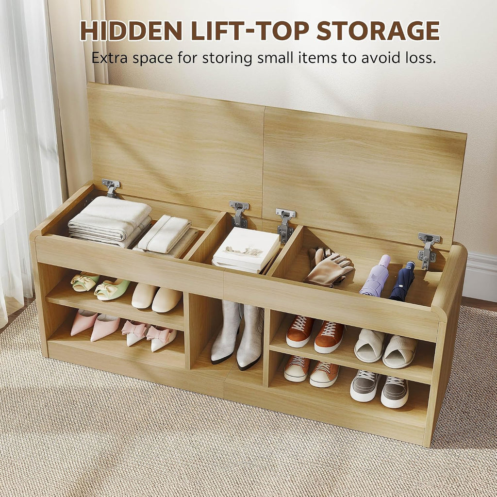 Shoe Storage Bench, 47.2in Entryway Bench with Flip-Open Storage Box, 2 Tier Shoe Rack Organizer with Shelf, Entryway Cabinet for Hallway Living Room Bedroom, Natural