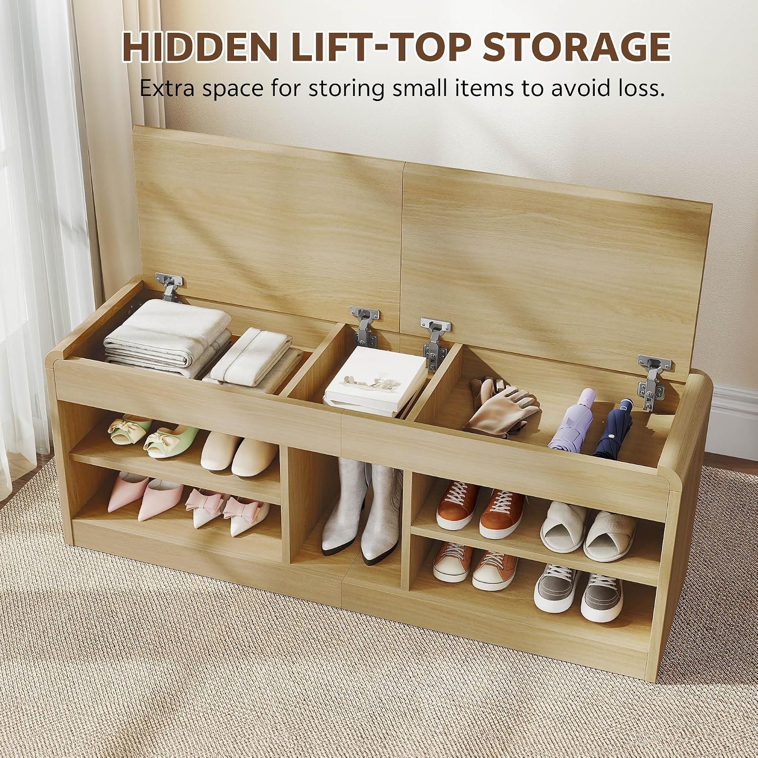 Shoe Storage Bench, 47.2in Entryway Bench with Flip-Open Storage Box, 2 Tier Shoe Rack Organizer with Shelf, Entryway Cabinet for Hallway Living Room Bedroom, Natural