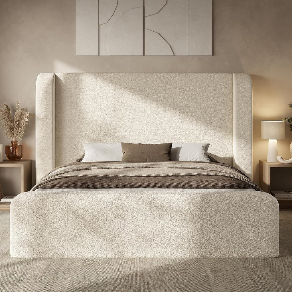ADORNEVE Cloud Bed Frame Queen with 49.2” Tall Wingback Headboard, Beige