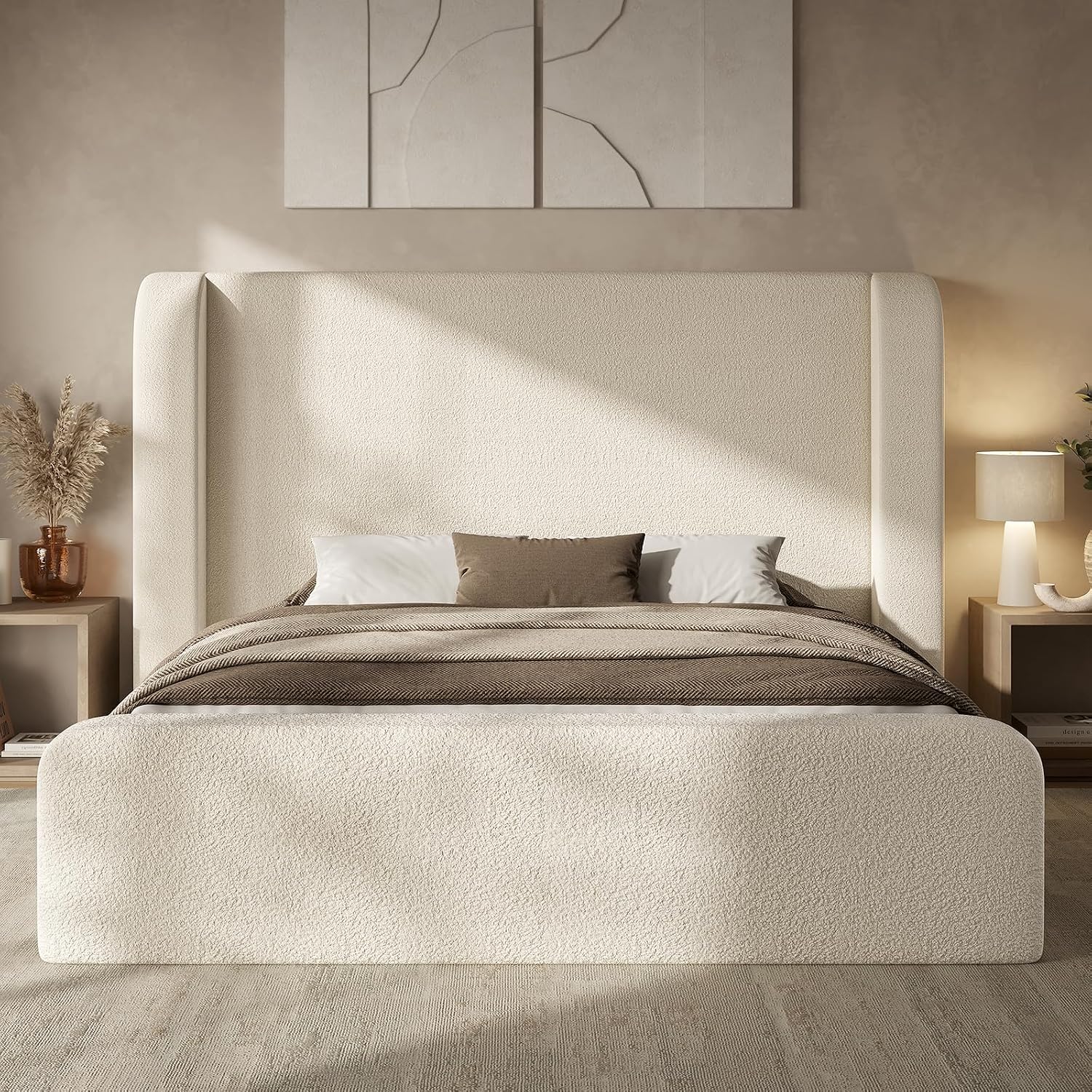 ADORNEVE Cloud Bed Frame Queen with 49.2” Tall Wingback Headboard, Beige