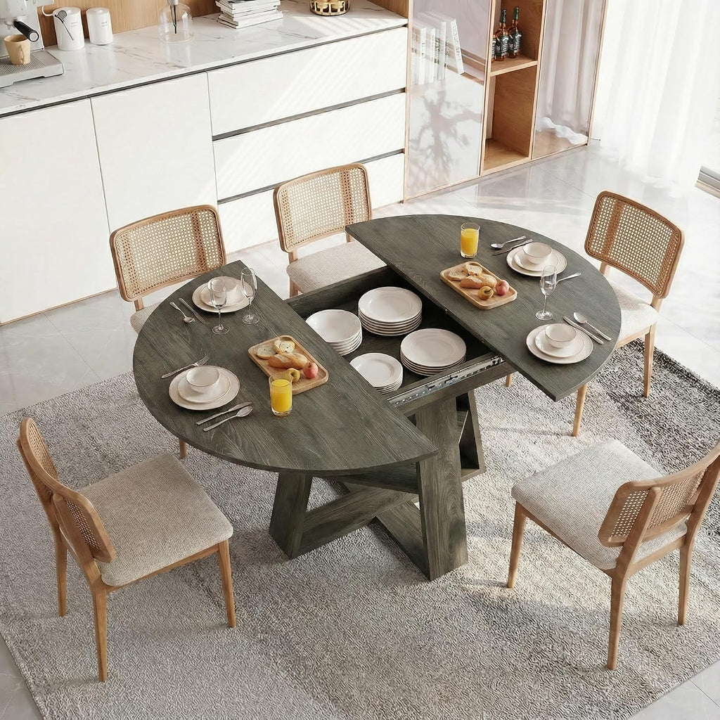 Round Extendable Dining Table Set for 6, 43"-59" Rustic Grey Expandable Kitchen Table with 6 Blue Velvet Tufted Chairs, Farmhouse Wooden Extendable Dining Room Table Set for Small Space Apartment