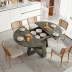 Round Extendable Dining Table Set for 6, 43"-59" Rustic Grey Expandable Kitchen Table with 6 Blue Velvet Tufted Chairs, Farmhouse Wooden Extendable Dining Room Table Set for Small Space Apartment