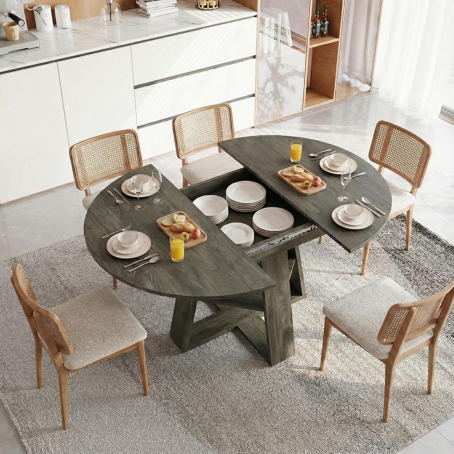 Round Extendable Dining Table Set for 6, 43"-59" Rustic Grey Expandable Kitchen Table with 6 Blue Velvet Tufted Chairs, Farmhouse Wooden Extendable Dining Room Table Set for Small Space Apartment