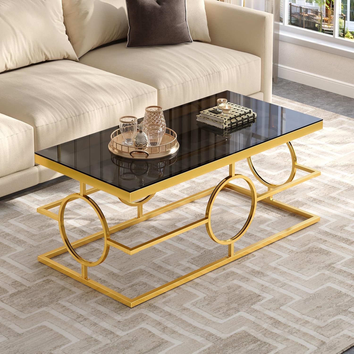 Glass Nesting Coffee Table Set with Metal Frame & Glam Design, Gold & Black | Modern Round Cocktail Center Table with Tempered Glass, Luxury for Living Room & Home Decor