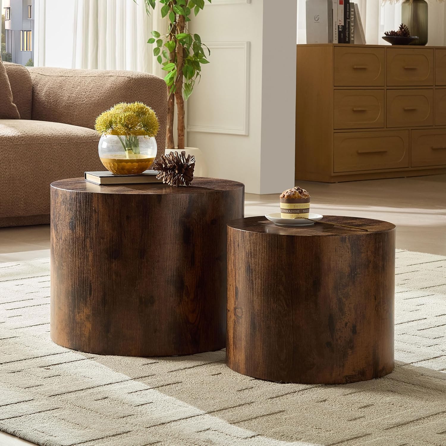 Nesting Coffee Table Set of 2, Modern Round Small Side Table Circle Accent End Table Drum Wood Center Table for Living Room Apartment Bedroom Office, No Assembly, Dark Walnut