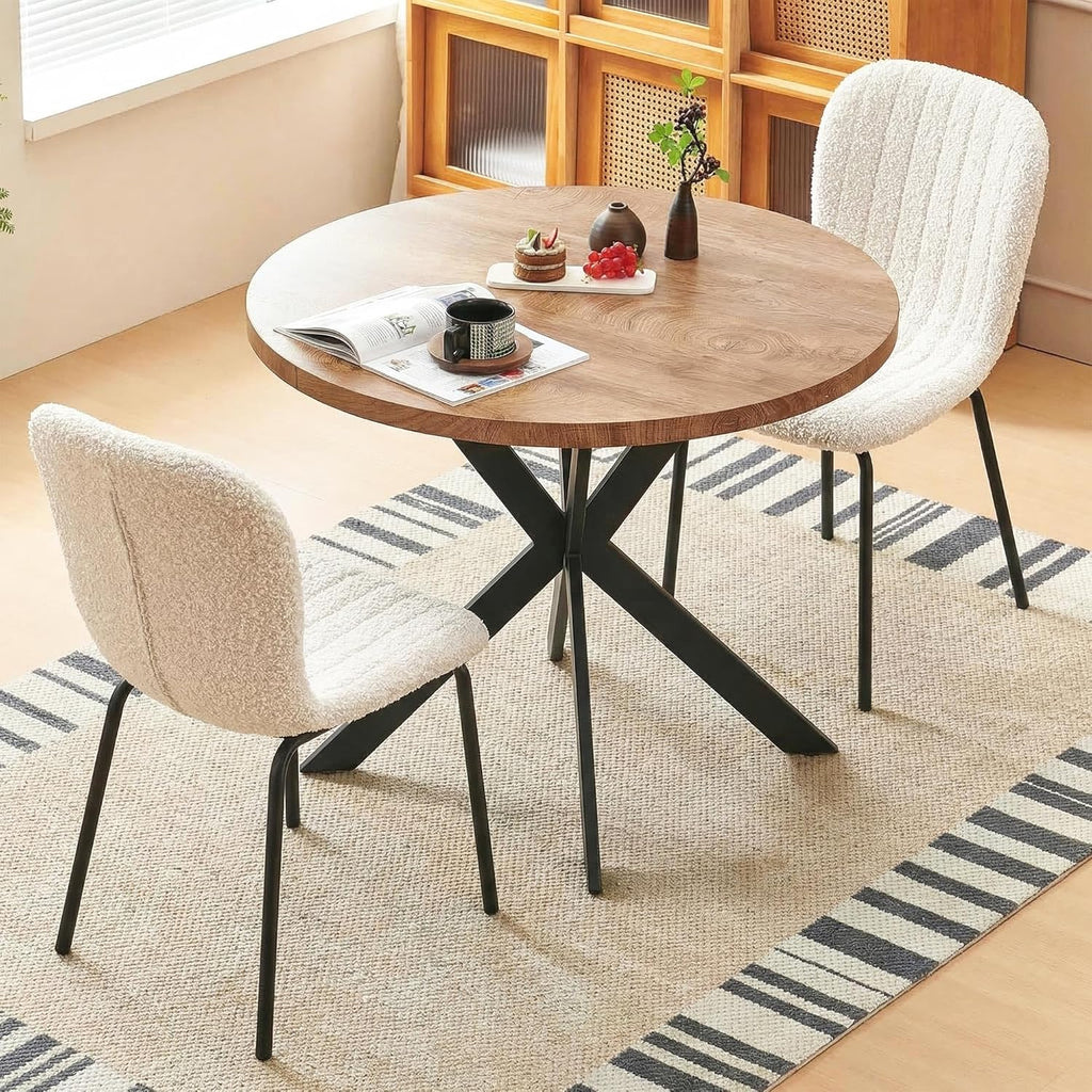 37 Inch Round Dining Table Set for 2, Modern Small Circle Kitchen Coffee Set for Apartment Living Room Office, Save Space(1 Wooden Table + 2 White Boucle Chairs)