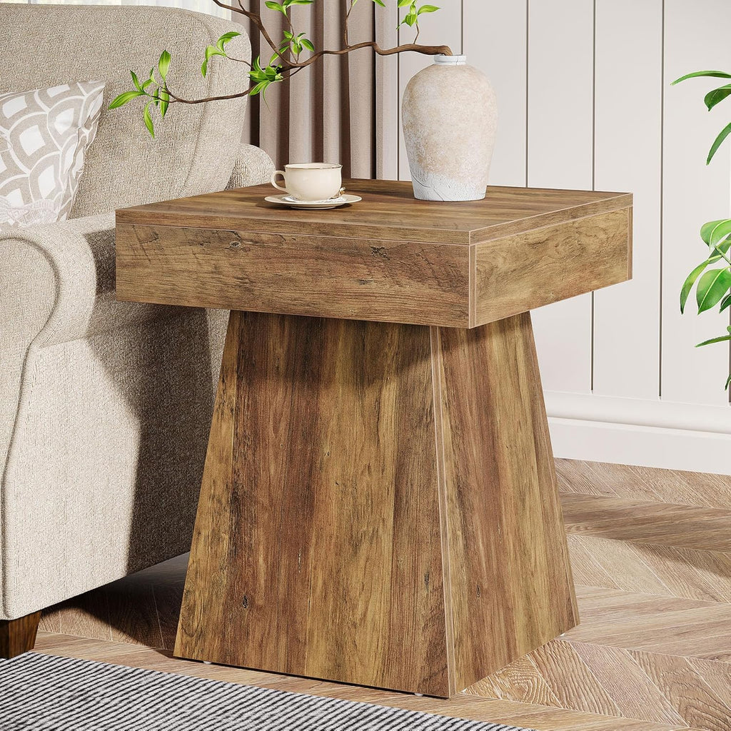 Tribesigns Small End Table, Rustic Square Side Table with Wide Base, Farmhouse Small Nightstand Beside Bed, Next to Armchair, for Living Room, Brown