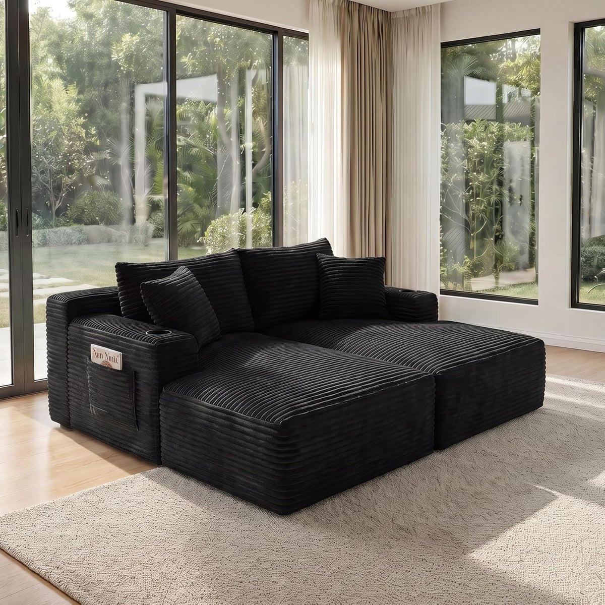 133" U-Shaped Modular Sectional Sofa, Corduroy Couch, Black | Cloud Luxury Comfort, Couches for Living Room, Storage & Cupholder, Oversized Sofa, Deep Seat, No Assembly Required