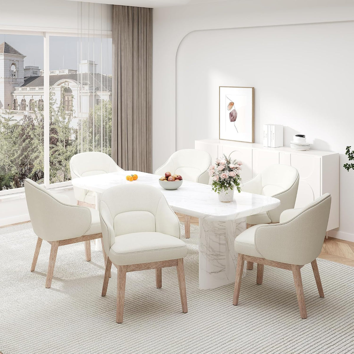 MALOL Dining Chairs Set of 6 with Lumbar Support,Fabric Upholstered Kitchen Chairs with Wooden Legs,Beige