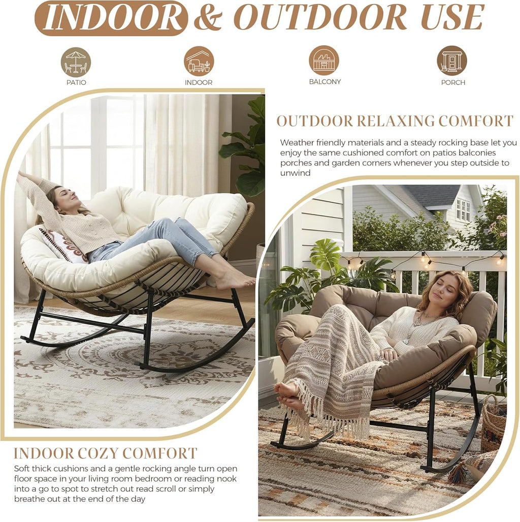 BULEXYARD Outdoor Papasan Rocking Chair with Cushion and Frame, Oversized Large Patio Lounge Chairs, Rattan Comfy Egg Recliner Chair, 450 Lbs Capacity Glider Rocker for Outside Bedroom Garden Brown