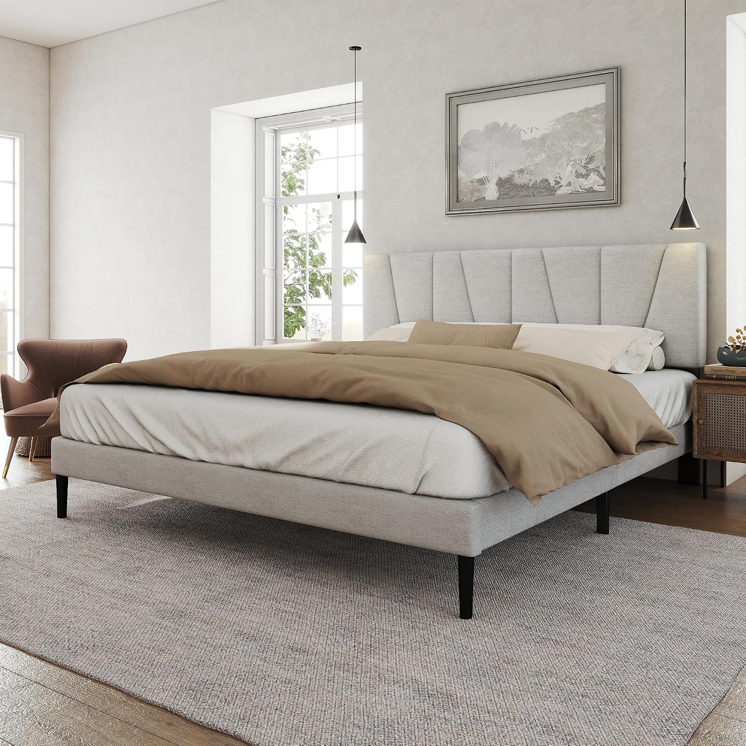 HAOARA King Size Bed Frame with Fabric Upholstered Headboard, Platform Bed with Wooden Slats Support, Fully Mattress Foundation, Box Spring Optional, Easy Assembly, Light Grey