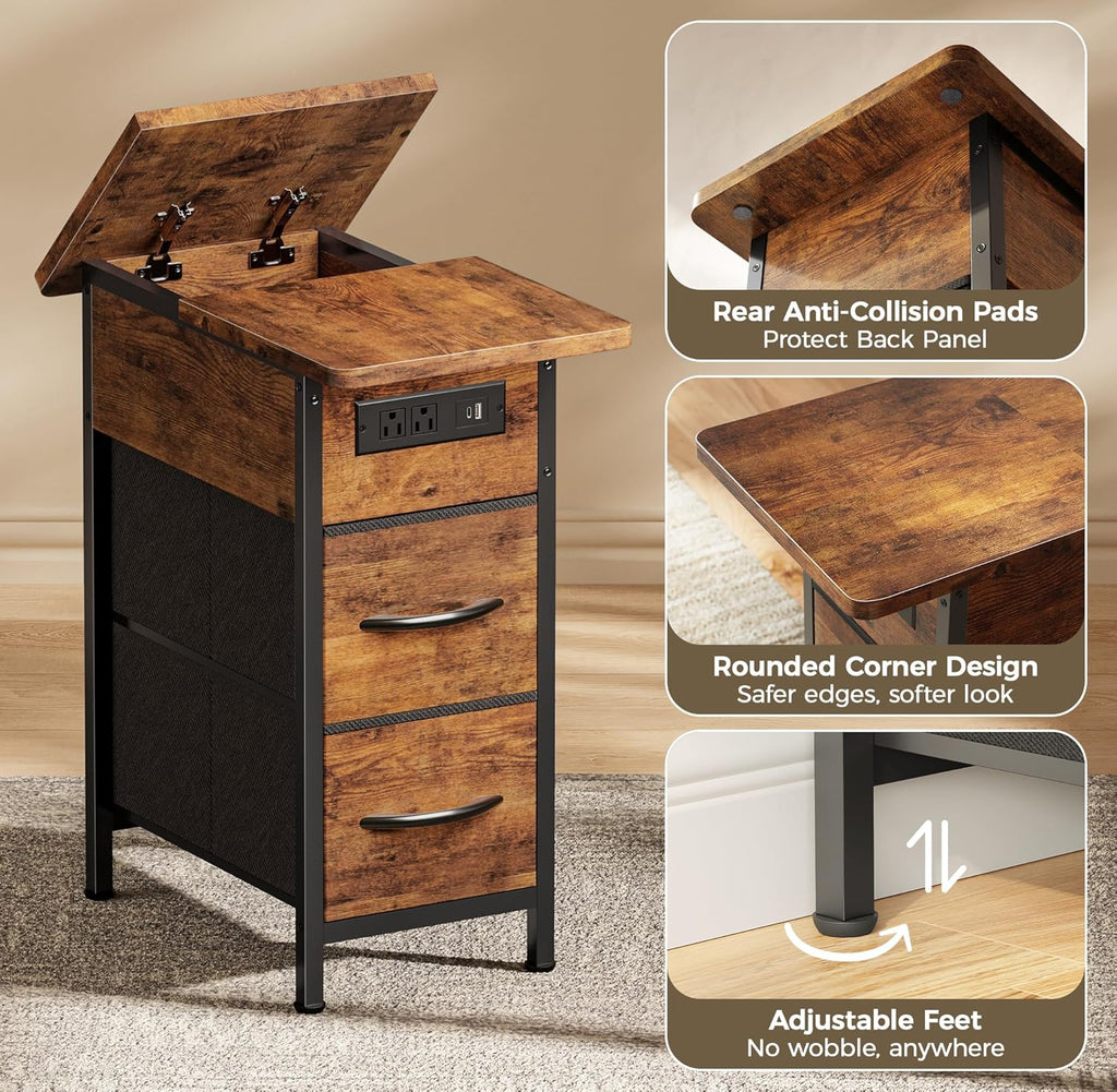 Huuger Narrow End Table with Charging Station, Side Table with 2 Drawers