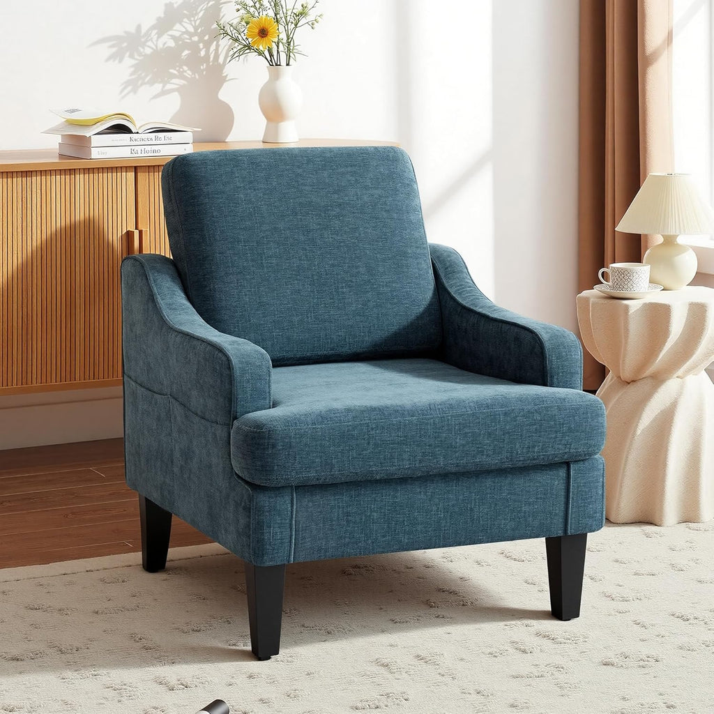 Accent Chair for Living Room,Mid-Century Arm Chair Fabric Living Room Chairs,Upholstered Reading Chair for Bedroom,Single Sofa Chair with Wood Legs for Apartment (1, Chenille Blue)