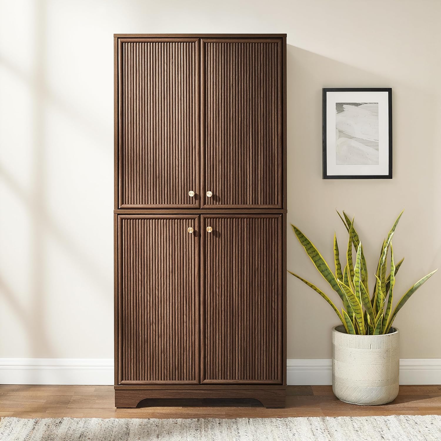 Crosley Furniture Naomi Modern Reeded Kitchen Pantry Storage Cabinet, Dining, Laundry Room, Bathroom, Walnut