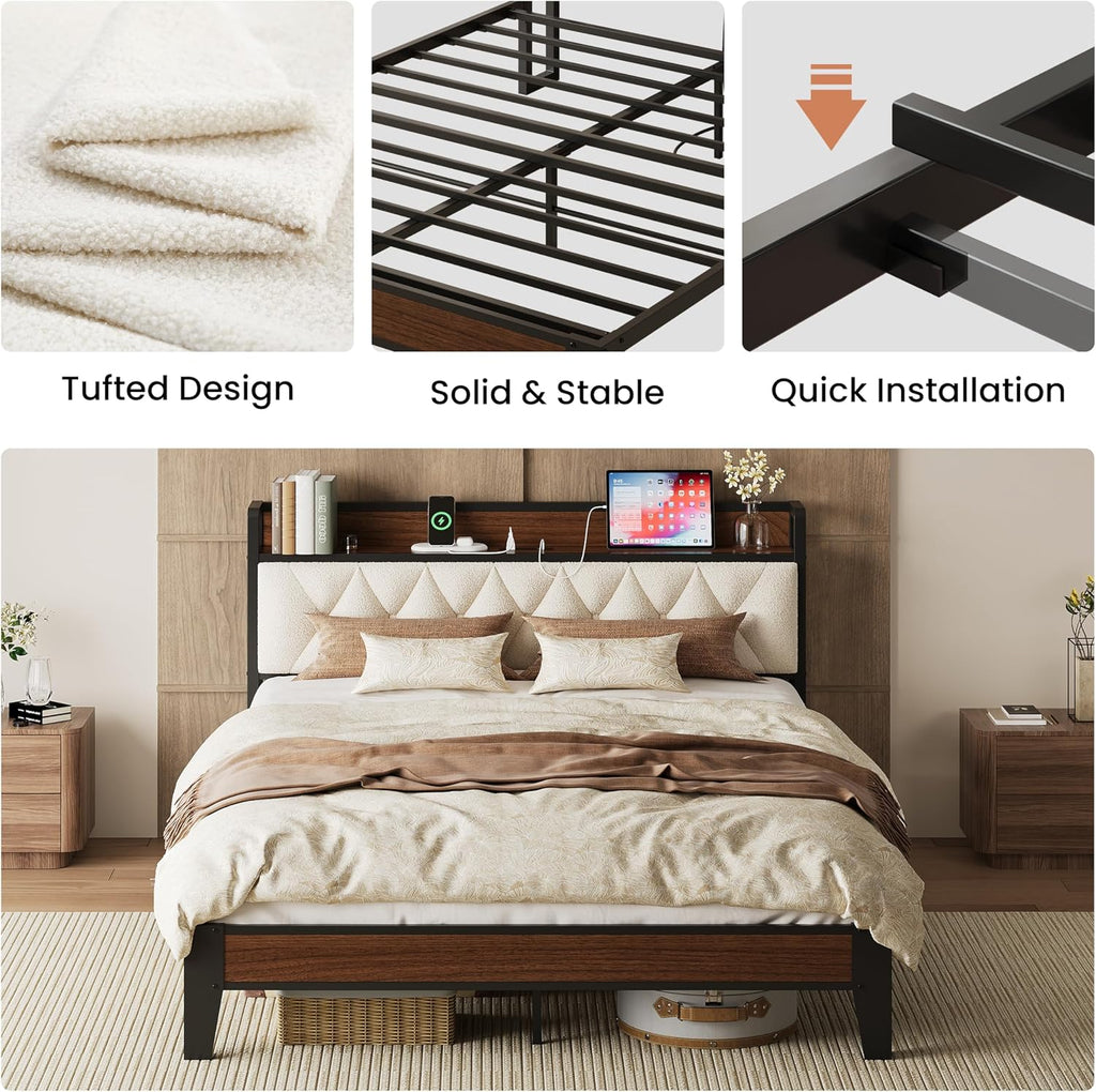 ANCTOR Queen Bed Frame with Headboard & Charging Station,Wood and Cream