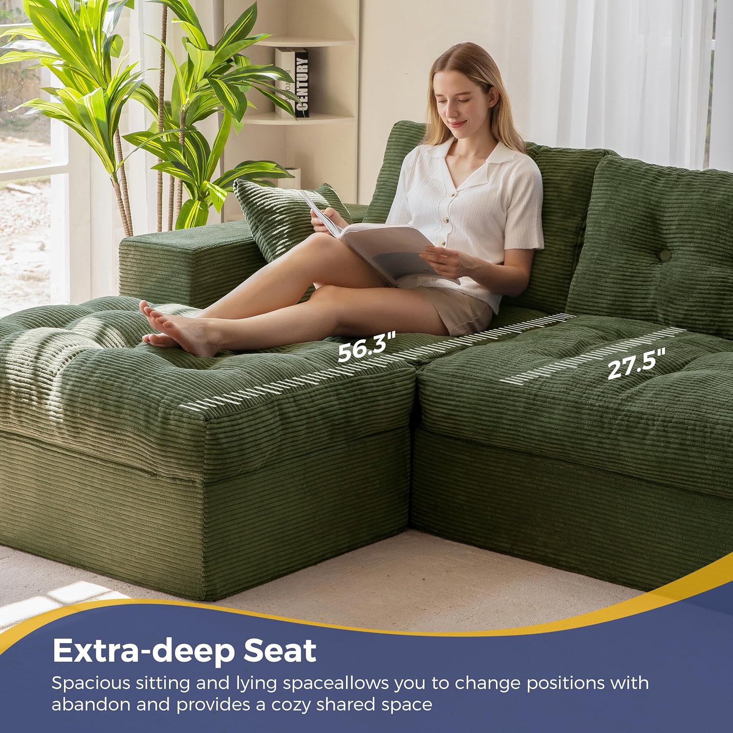 MAXYOYO Couch, 104-Inch L-Shaped Cloud Couch with Ottoman | Dark Green Upholstered Sofa Features Layered Cushions and Flexible Modules with No Assembly, Ideal for Modern Living Rooms.