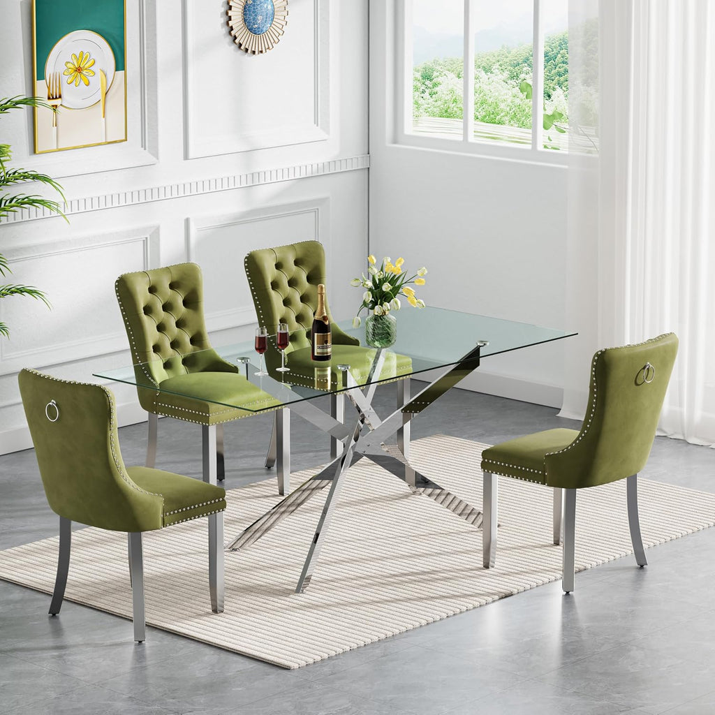Rectangle Glass Dining Table Set for 4, 60'' Kitchen Table and Chairs Set, 5PCS Modern Dining Room Table Set with 4 Velvet Dining Chair for Home