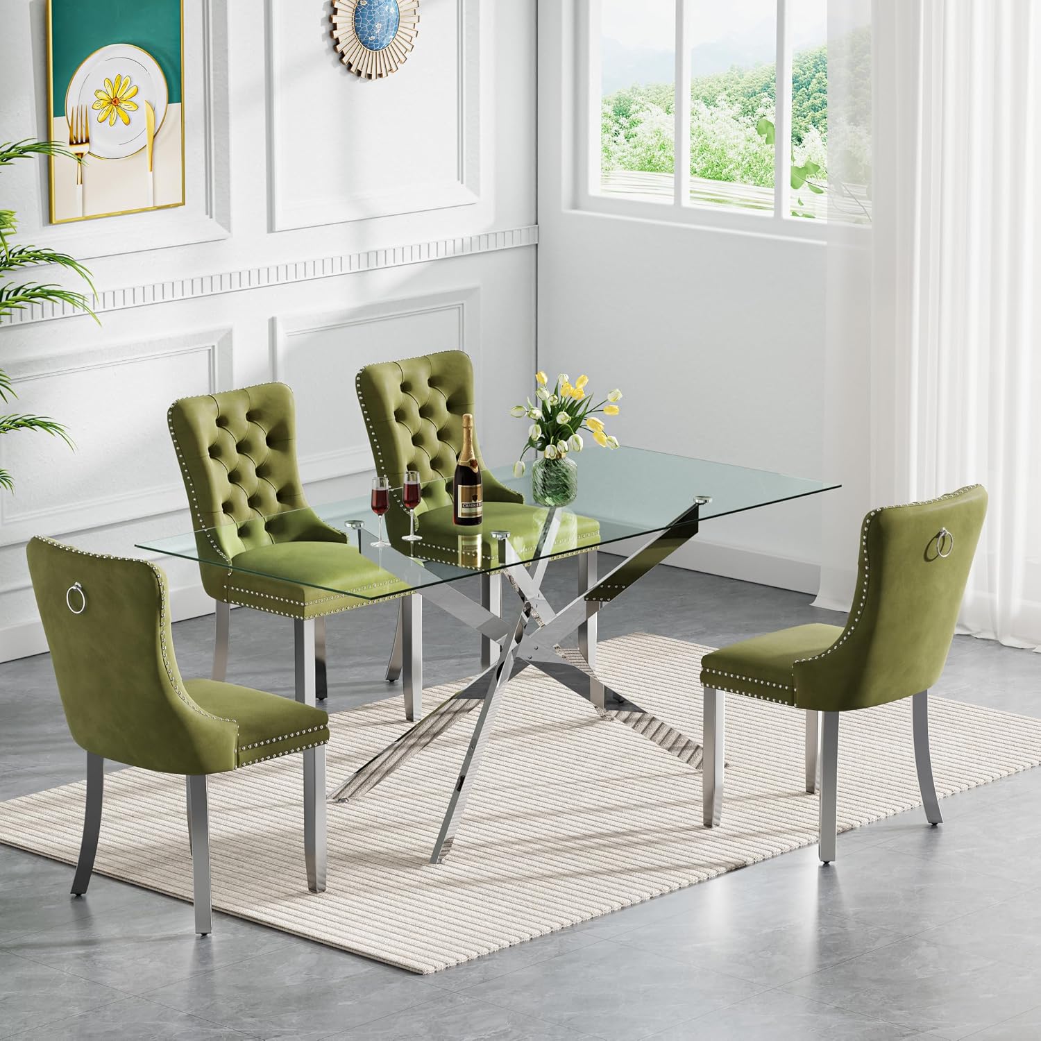 Rectangle Glass Dining Table Set for 4, 60'' Kitchen Table and Chairs Set, 5PCS Modern Dining Room Table Set with 4 Velvet Dining Chair for Home
