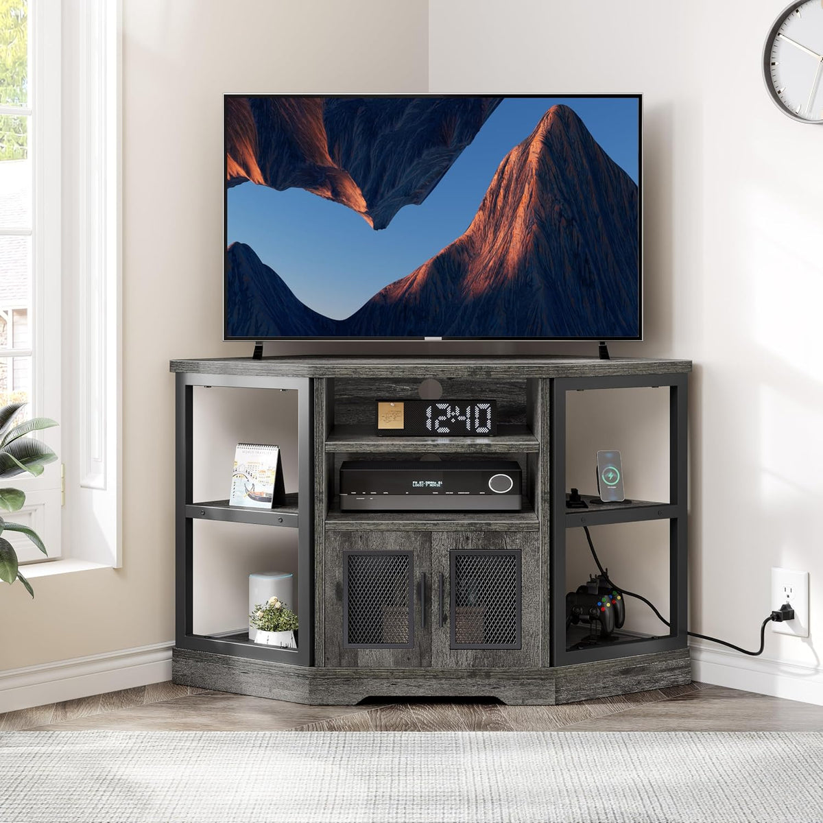 YITAHOME Farmhouse TV Stand with Power Outlet, Corner TV Stand for 50 Inch TV, Entertainment Center with Storage, TV Console Cabinet for Living Room, Grey Oak