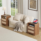 Farmhouse Nightstand with Charging Station, Night Stand with 2 Drawers, Mid-Century End Table with Linen Decor Storage for Livng Room Sofa Couch, Bedroom, Home Office 19.68"x13.77"x23.62"