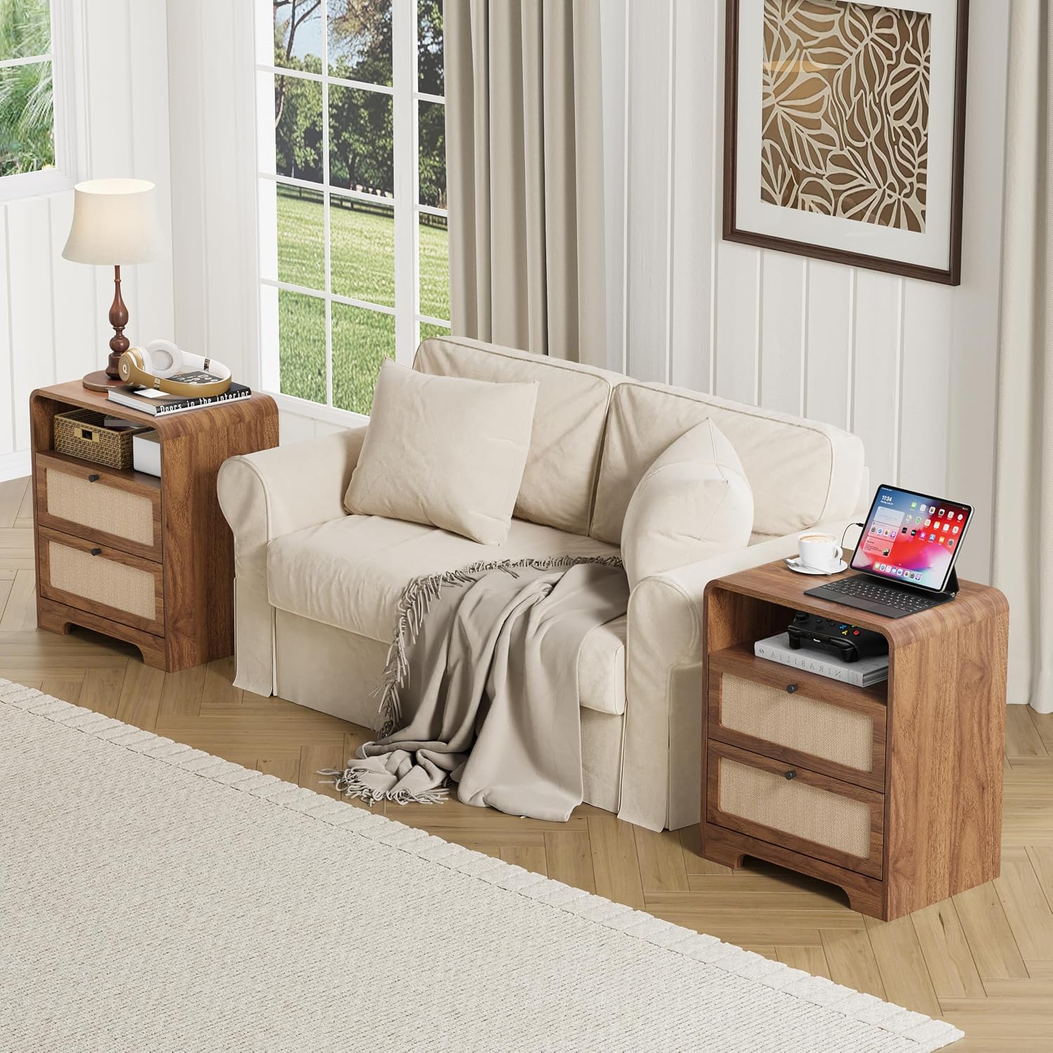 Farmhouse Nightstand with Charging Station, Night Stand with 2 Drawers, Mid-Century End Table with Linen Decor Storage for Livng Room Sofa Couch, Bedroom, Home Office 19.68"x13.77"x23.62"