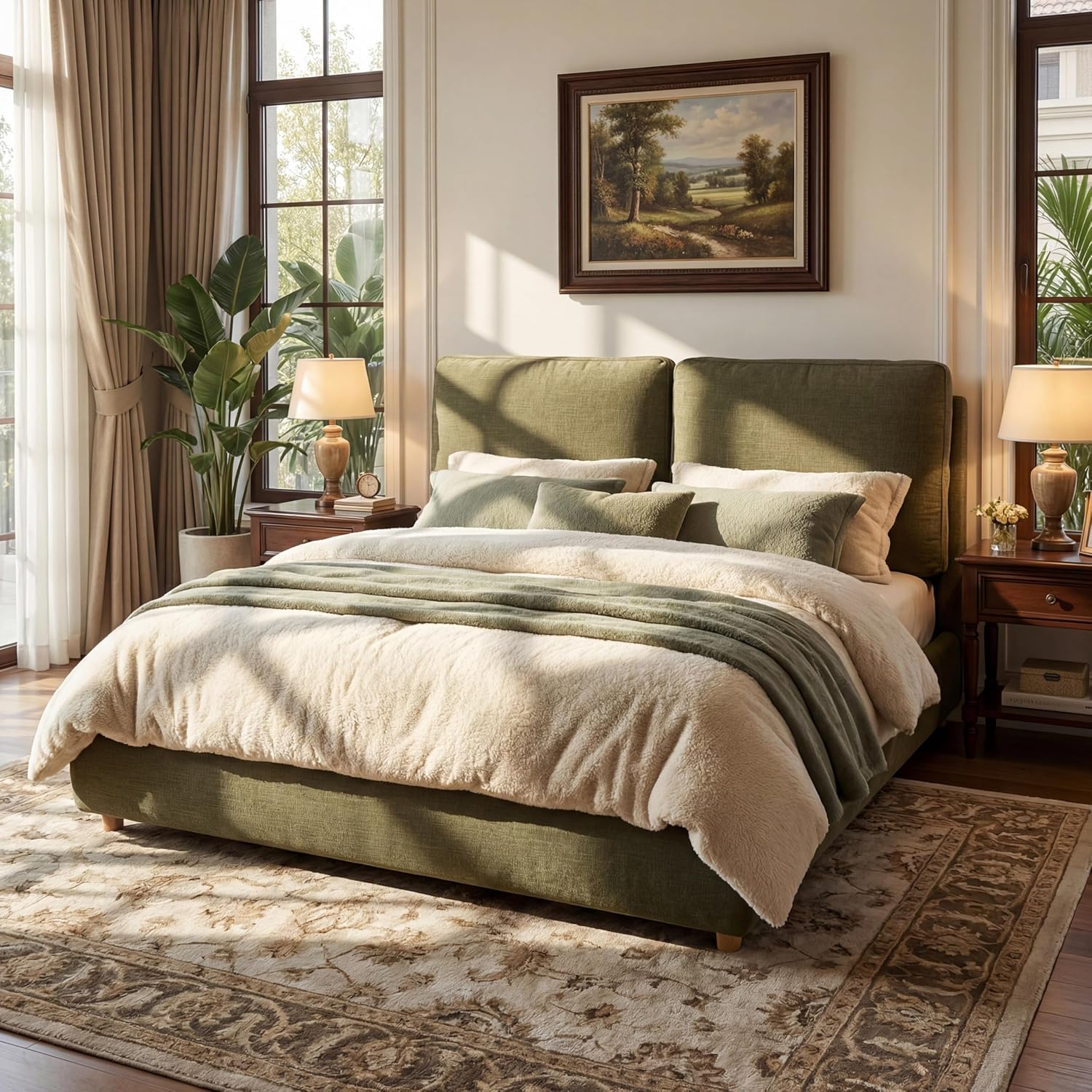 Merax King Linen Blend Platform Bed with 2 Headboard Pillows, Olive Green