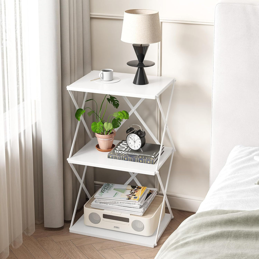 3-Tier End Table Small Side Table Tall Bedside Night Stand with Storage Sofa Side desks for Living Room Bedroom Office Bathroom Small Space White ET-03W