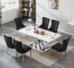 7 Piece Dining Table Set with Chairs, Faux Marble Dining Table and Black Chair Set for 6, White Silver Dining Room Table Set with X-Shape Stainless Steel Base, Morden Kitchen Table and Chairs for 6