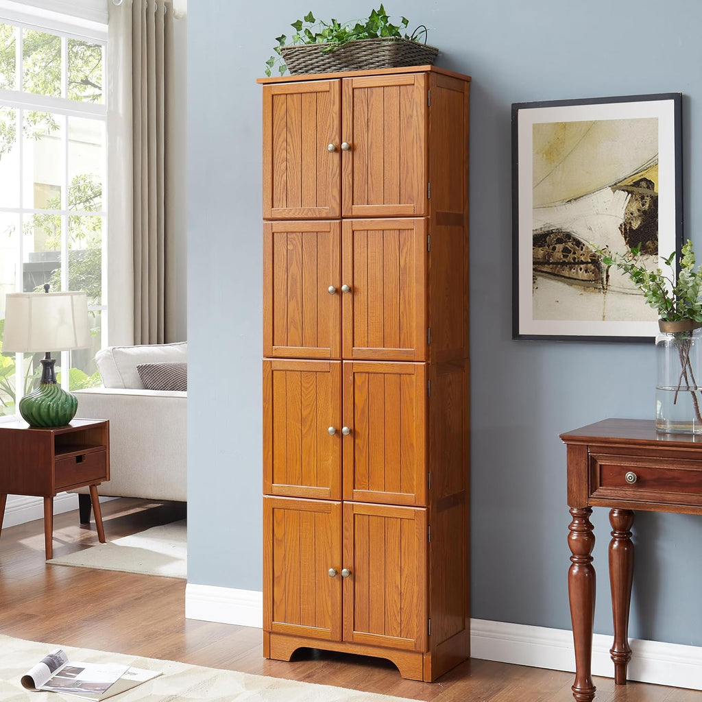 72" Tall Farmhouse Storage Cabinet, 4 Tier Kitchen Pantry Cabinet with 4 Shelves & 8 Doors, Freestanding Floor Storage Cabinet Wooden Organizer Bookcase for Living Room, Kitchen (Oak)
