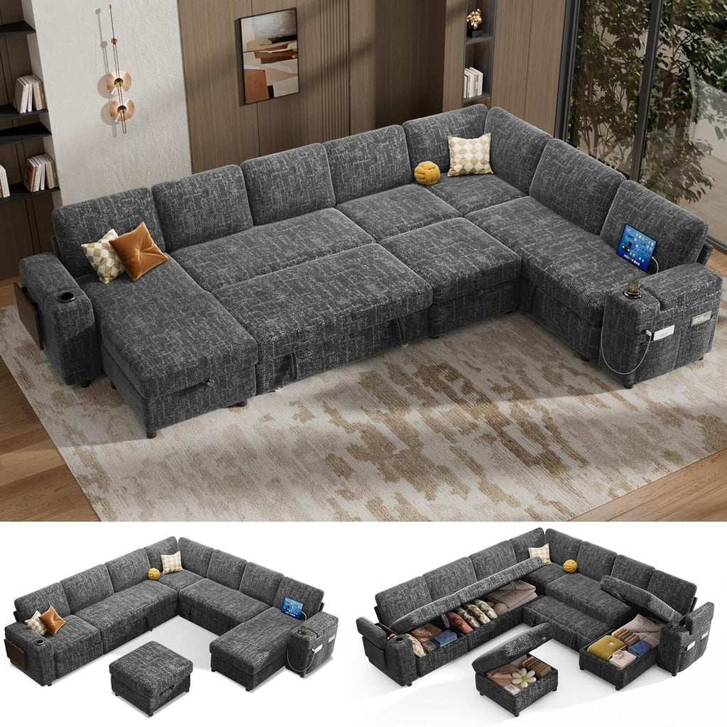 Vipbear 130" Modular Sectional Sleeper Sofa with Pull Out Bed, 9 Seat Chenille U Shaped Couch with Ottoman and Chaise|USB Ports|Cup Holders|Side Table, Tool Free Assembly, Grey