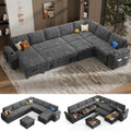 Vipbear 130" Modular Sectional Sleeper Sofa with Pull Out Bed, 9 Seat Chenille U Shaped Couch with Ottoman and Chaise|USB Ports|Cup Holders|Side Table, Tool Free Assembly, Grey