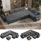 Vipbear 130" Modular Sectional Sleeper Sofa with Pull Out Bed, 9 Seat Chenille U Shaped Couch with Ottoman and Chaise|USB Ports|Cup Holders|Side Table, Tool Free Assembly, Grey