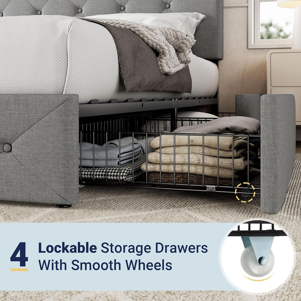 Allewie Queen Size Storage Bed Frame with 4 Underbed Drawers, Light Grey