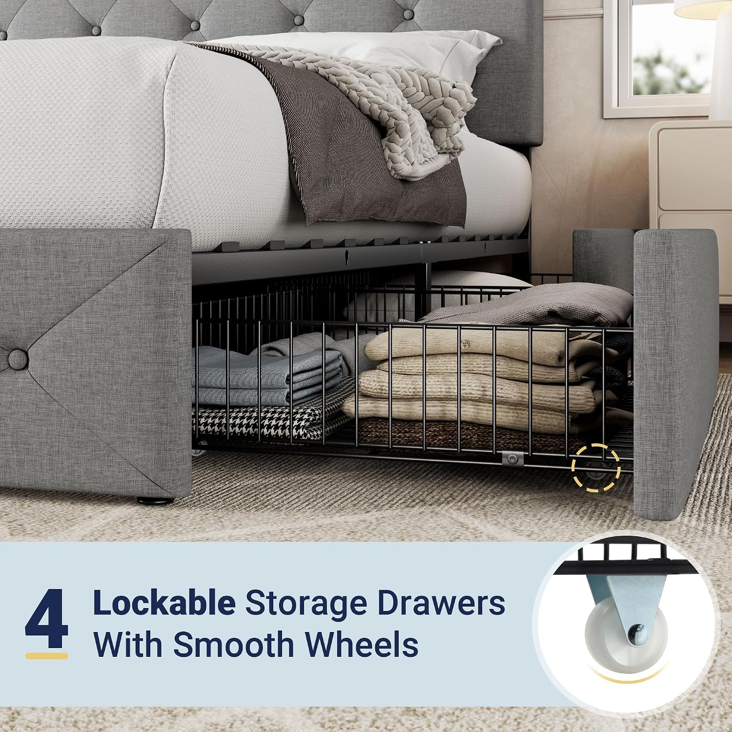 Allewie Full Size Storage Bed Frame with 4 Underbed Drawers, Light Grey