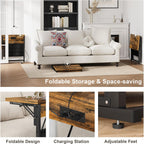 Foldable C-Shaped Table with Charging Station, Folding TV Tray End Table for Small Space, Portable Side Table for Couch, C Table with Storage Bag for Sofa Living Room, Bedroom Rustic Brown SC-005R