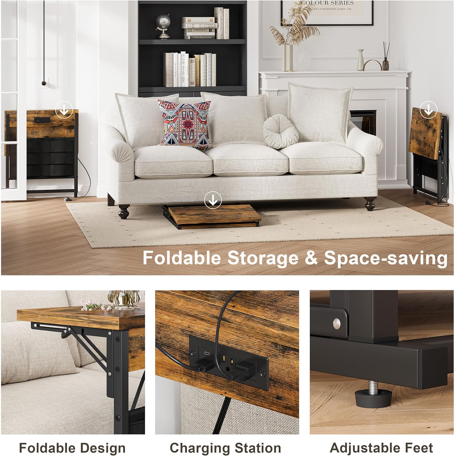 Foldable C-Shaped Table with Charging Station, Folding TV Tray End Table for Small Space, Portable Side Table for Couch, C Table with Storage Bag for Sofa Living Room, Bedroom Rustic Brown SC-005R