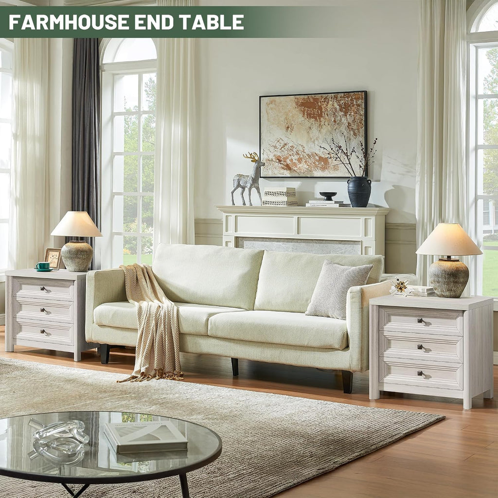 White Nightstand with 3 Drawers, Wood Night Stand with Metal Knobs, Farmhouse Bed Side Table for Bedroom, Modern End Table for Living Room Home Office Storage 1PC