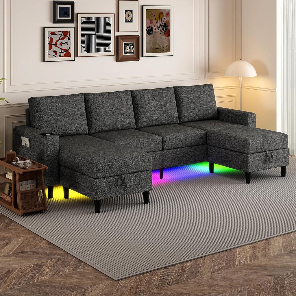109" Sectional Couch with RGB Lights, U Shaped Couches for Living Room | Wireless Charging, USB & Type-C Port, Storage Ottoman, Reversible Chaise Lounge, Linen Fabric, Dark Grey, for Apartment
