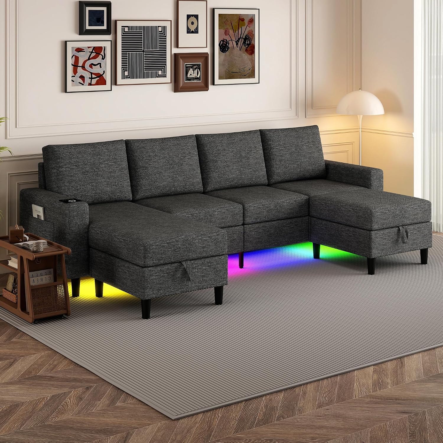 109" Sectional Couch with RGB Lights, U Shaped Couches for Living Room | Wireless Charging, USB & Type-C Port, Storage Ottoman, Reversible Chaise Lounge, Linen Fabric, Dark Grey, for Apartment