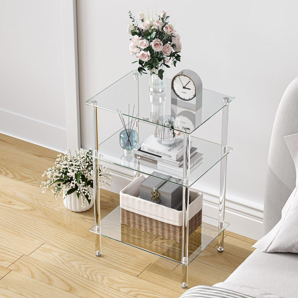 Tempered Glass Side Table, Acrylic End Table, 3-Tier Transparent Nightstand, Clear Coffee Table, for Small Spaces Living Room Bedroom Balcony Transparent LET519TR
