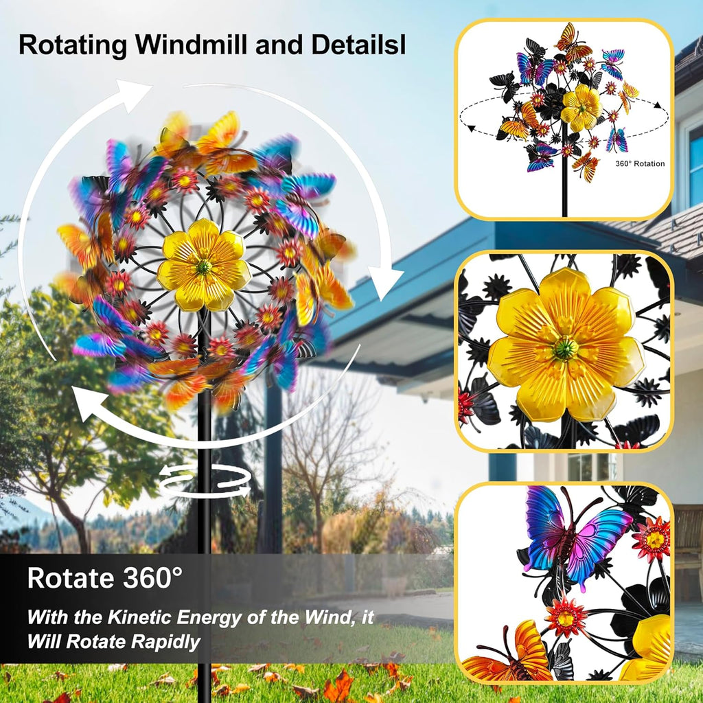 Double Blade Butterfly Wind Spinners, Outdoor Garden 360° Swivel Spinners 50 inch Garden Stakes Decor, Metal Flower Pinwheels for Yard and Lawn