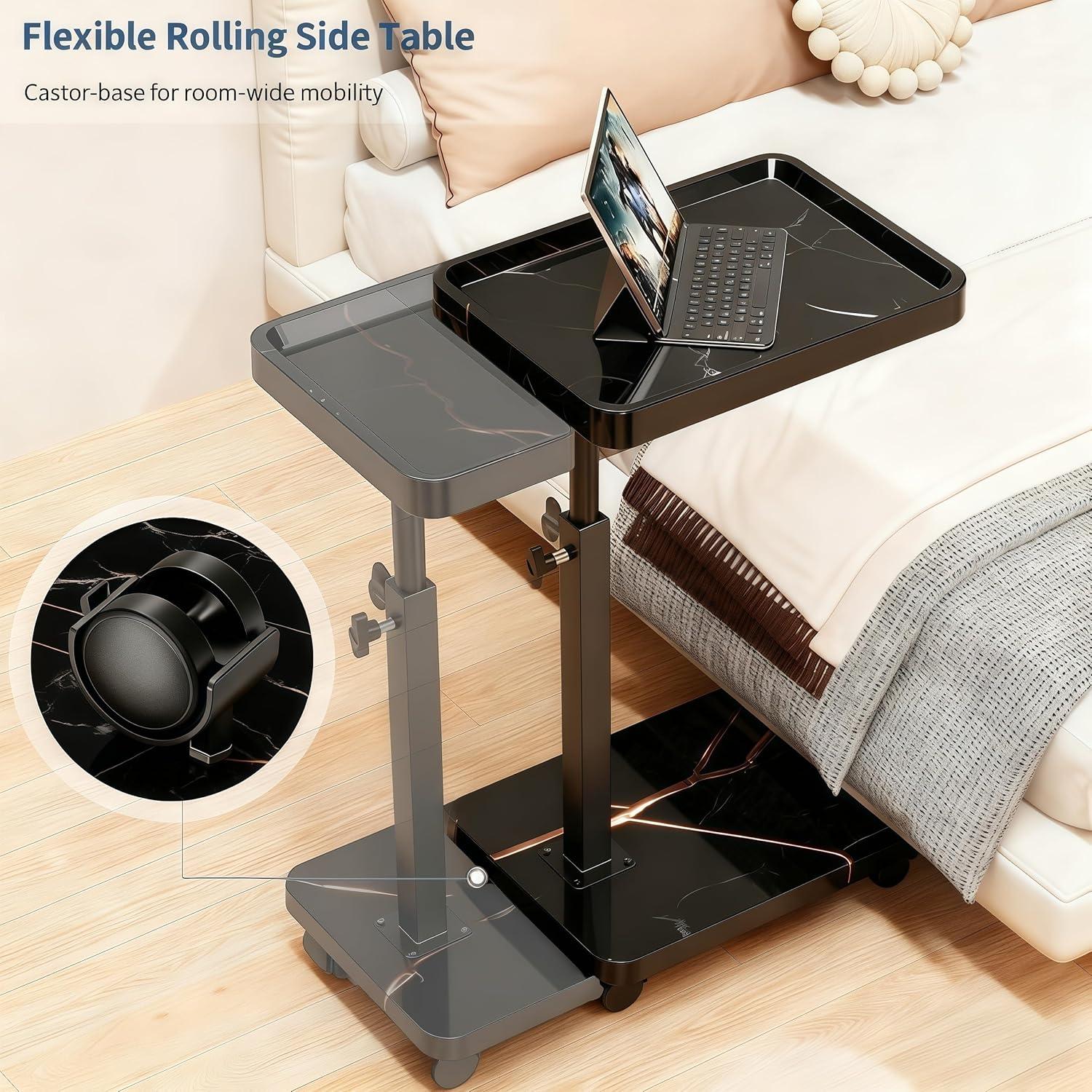 C Table End Table Adjustable Height, 360°Swivel TV Tray Table for Small Spaces, Side Tables with Wheels for Living Room and Bedroom, Bed (Black-15.7 x 11.8 inches)
