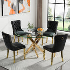 Round Glass Dining Table Set for 4, Small Kitchen Table Set for 4, 47" Circle Gold Glass Table and Chairs Set of 4,5 Piece Round Dining Room Table Set w/Black Velvet Chairs for Breakfast Dinette Cafe