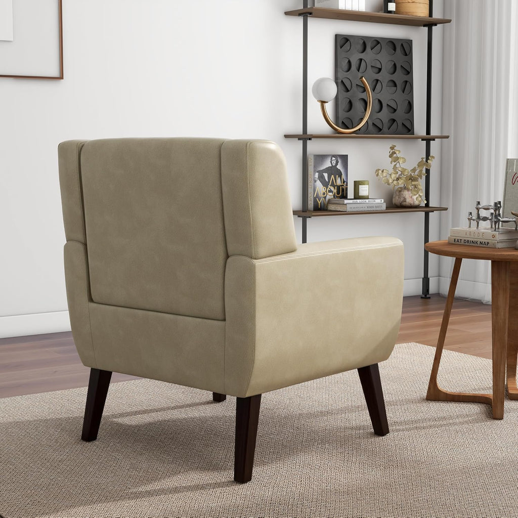Accent Chair Set of 1, Mid-Century Modern PU Leather Chairs with Arms for Living Room, Comfy Upholstered Club Single Sofa Armchair for Bedroom Waiting Room with Solid Wood Frame, Leather Cream