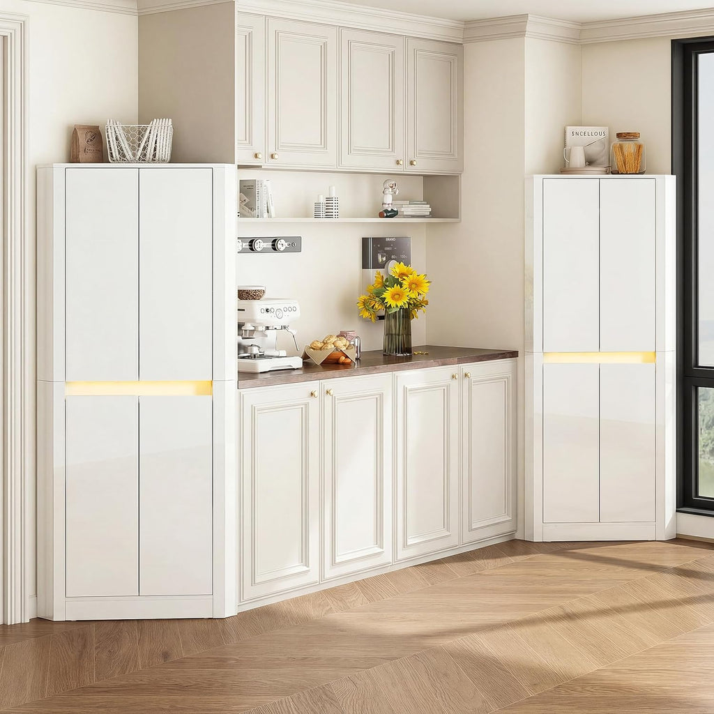 Anbuy 67'' Tall Pantry Cabinet with Led Light, Corner Pantry Cabinet with 4 High Gloss Doors and Adjustable Shelves, Space Saving Storage Cabinet for Food Hutch for Kitchen, Living Dining Room (White)
